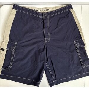 Polo Sport Men's‎ 34 VTG Navy Tan Nylon Board Shorts Swimming Activewear FLAW